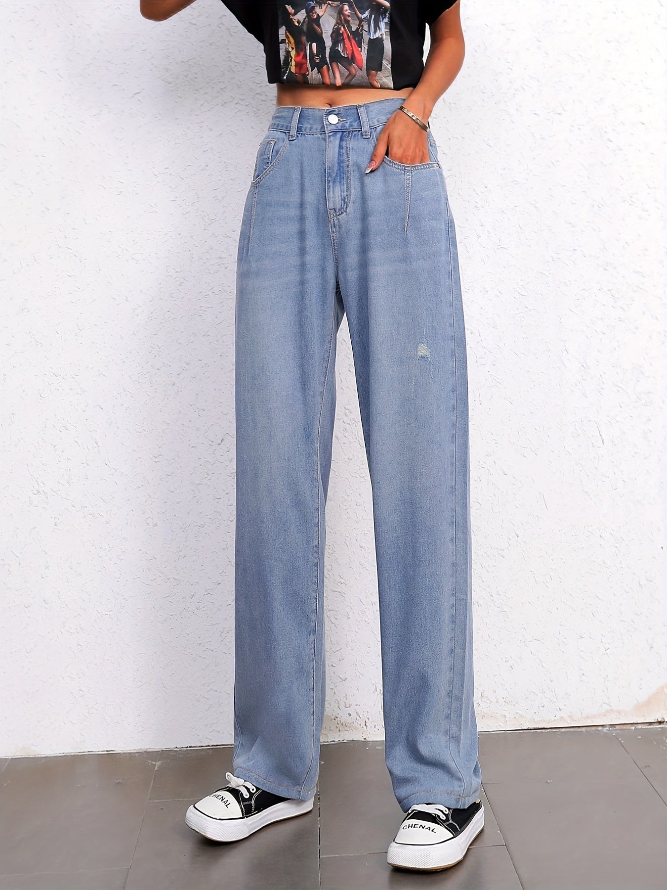 「binfenxie」Ripped Water Ripple Embossed Denim Pants, Slash Pocket Causal Style Straight Leg Jeans, Essential Pants For Every Day, Women's Denim Jeans & Clothing