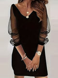 「binfenxie」Printed Sheer Sleeve V Neck Dress, Elegant V Neck Wrapped Hip Party Dress, Women's Clothing