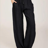 「binfenxie」Drawstring Wide Leg Pants, Solid Loose Palazzo Pants, Casual Every Day Pants, Women's Clothing