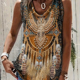 「binfenxie」Ethnic Aztec Print Round Neck Tank Top, Vintage Loose Fashion Sleeveless Summer Vest Tank Top, Women's Clothing