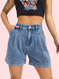「binfenxie」Blue High Waist Short Denim Pants, Slash Pockets Rolled Hem High Rise Ruched Short Denim Trousers, Women's Denim Jeans & Clothing