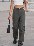 「binfenxie」Loose Fit Cargo Denim Pants, Flap Pockets Mid Waist Straight Legs Denim Pants, Y2K & Kpop Style, Women's Denim Jeans & Clothing