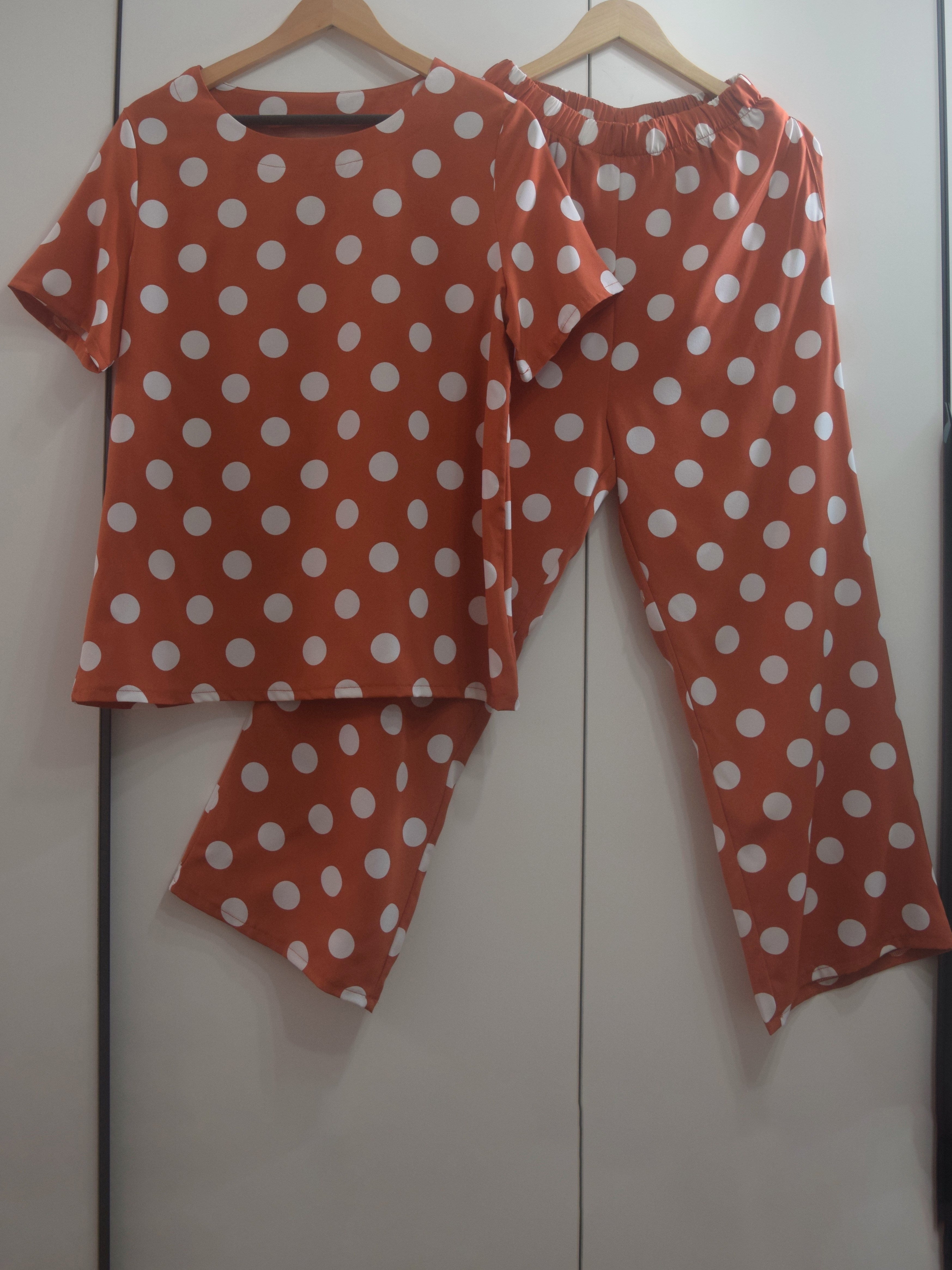 「binfenxie」Casual Polka Dot Two-piece Set, Short Sleeve T-shirt & High Waist Elastic Pants Outfits, Women's Clothing