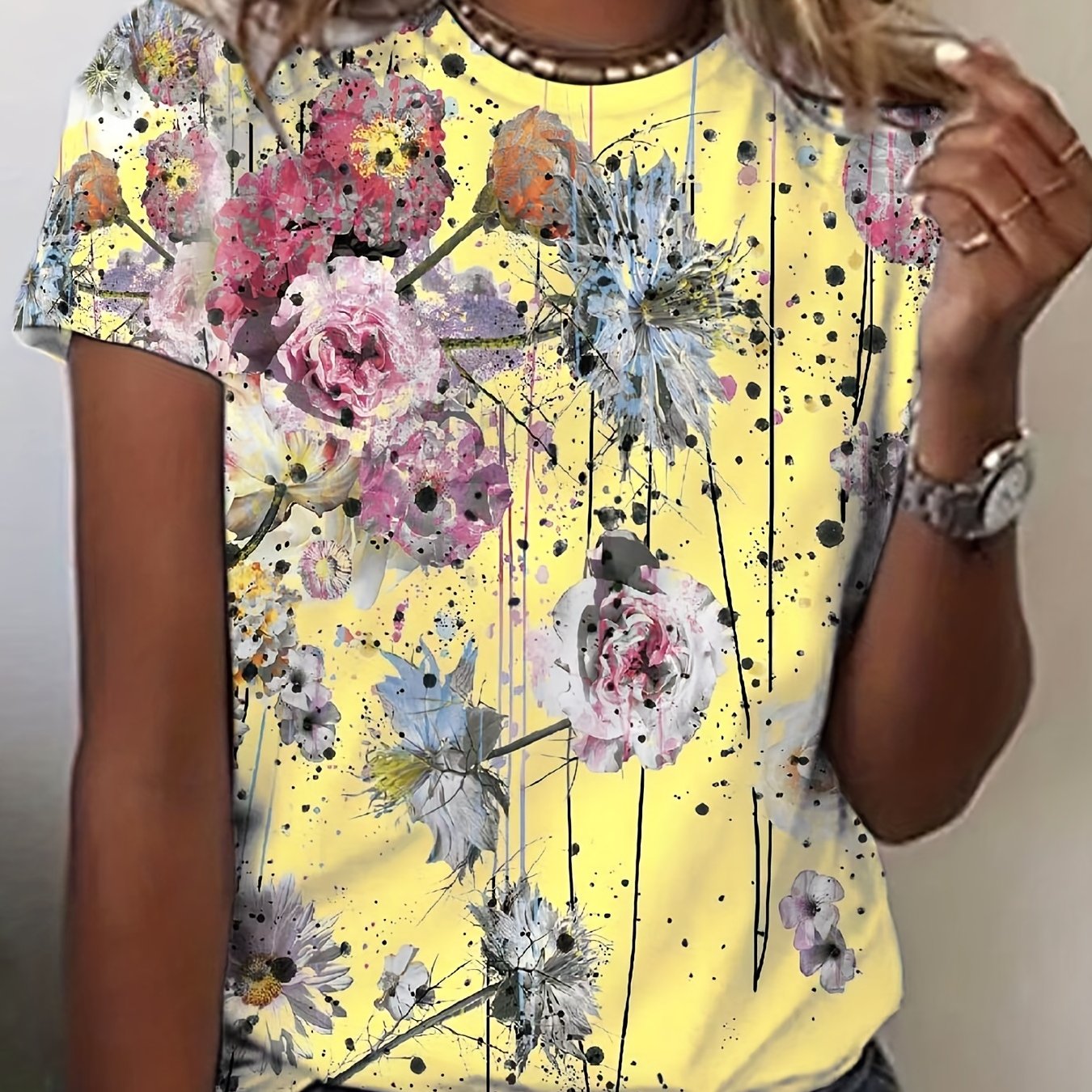 「binfenxie」Floral Print Crew Neck T-Shirt, Casual Short Sleeve T-Shirt For Spring & Summer, Women's Clothing