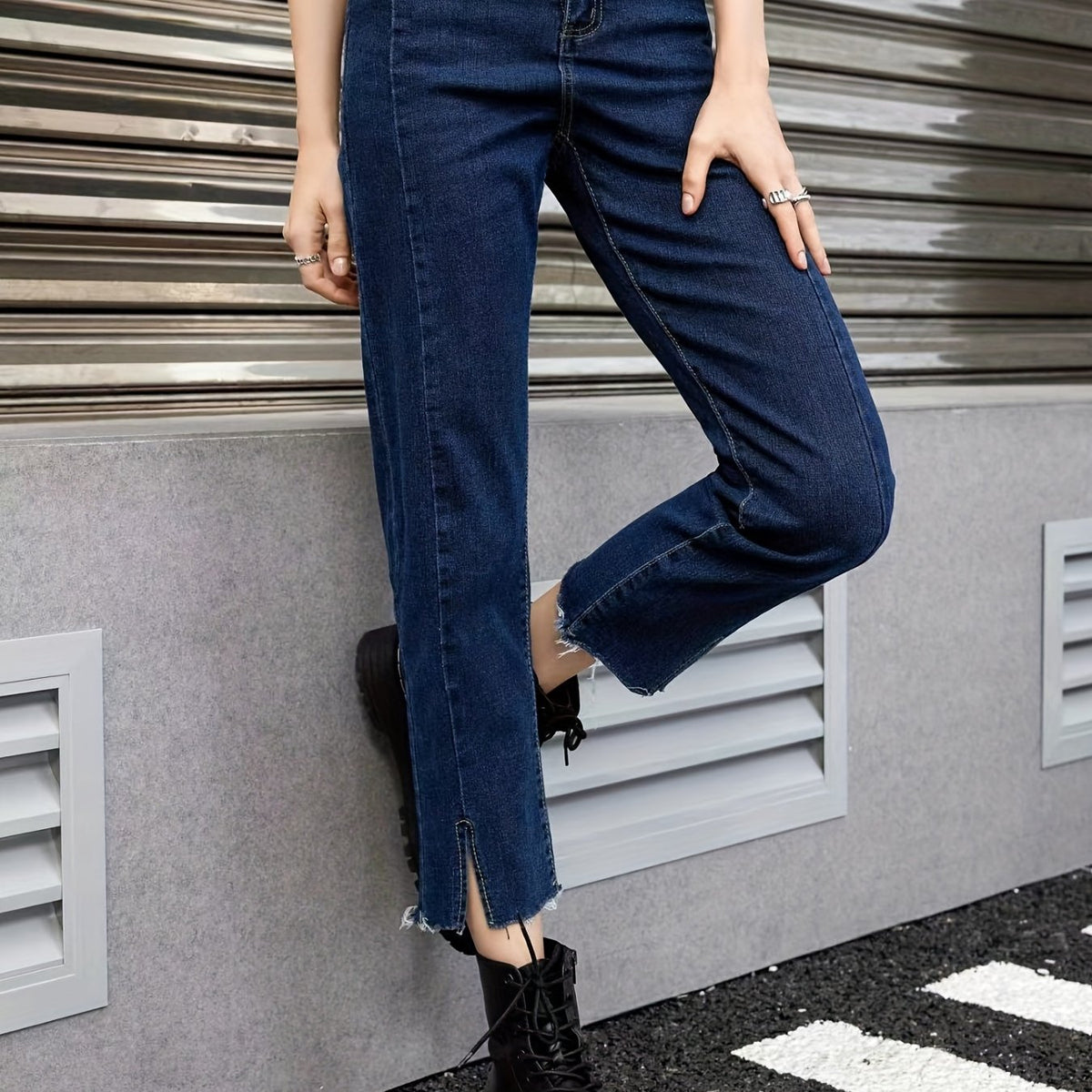 「binfenxie」Split Raw Hem High Rise Jeans, High Strech Royal Blue Straight Leg Denim Pants, Women's Denim Jeans & Clothing