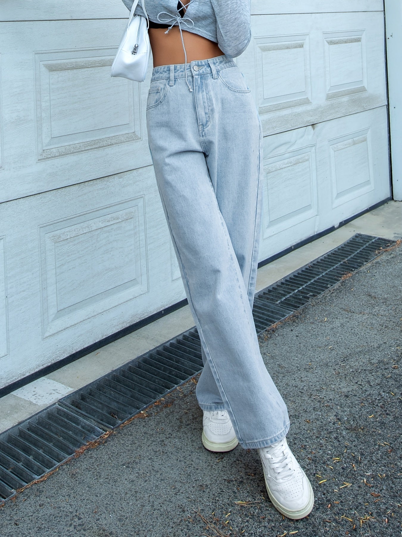 「binfenxie」Light Blue Loose Fit Straight Jeans, Slash Pockets Non-Stretch Baggy Denim Pants, Women's Denim Jeans & Clothing