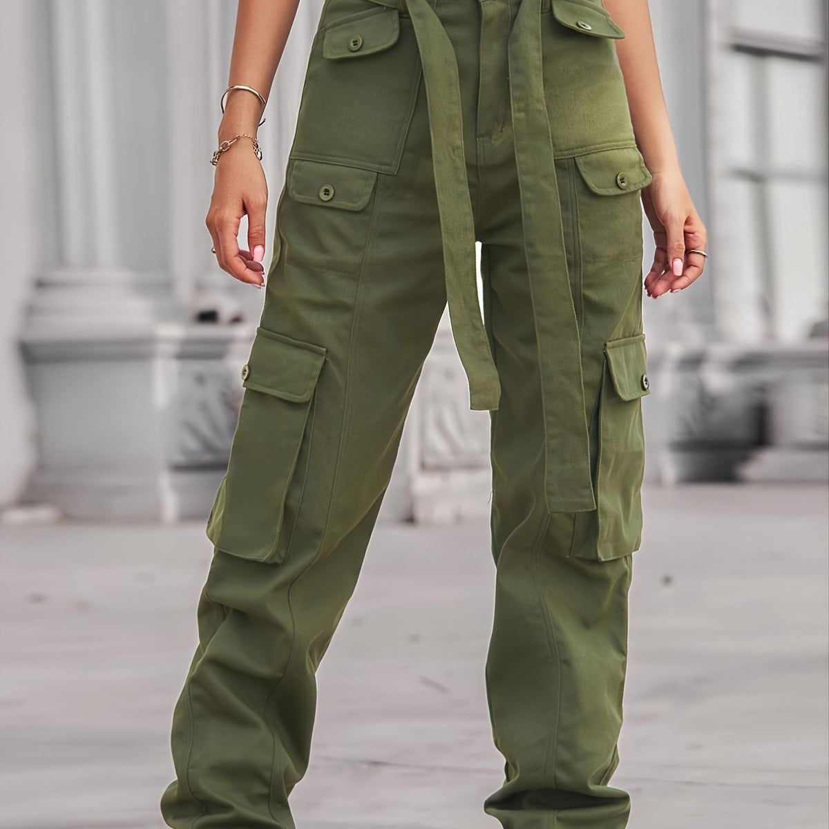 「binfenxie」Multi-pocket Baggy Cargo Pants With Belt, Street Style Jeans, Y2K Kpop Vintage Style, Women's Clothing & Denim