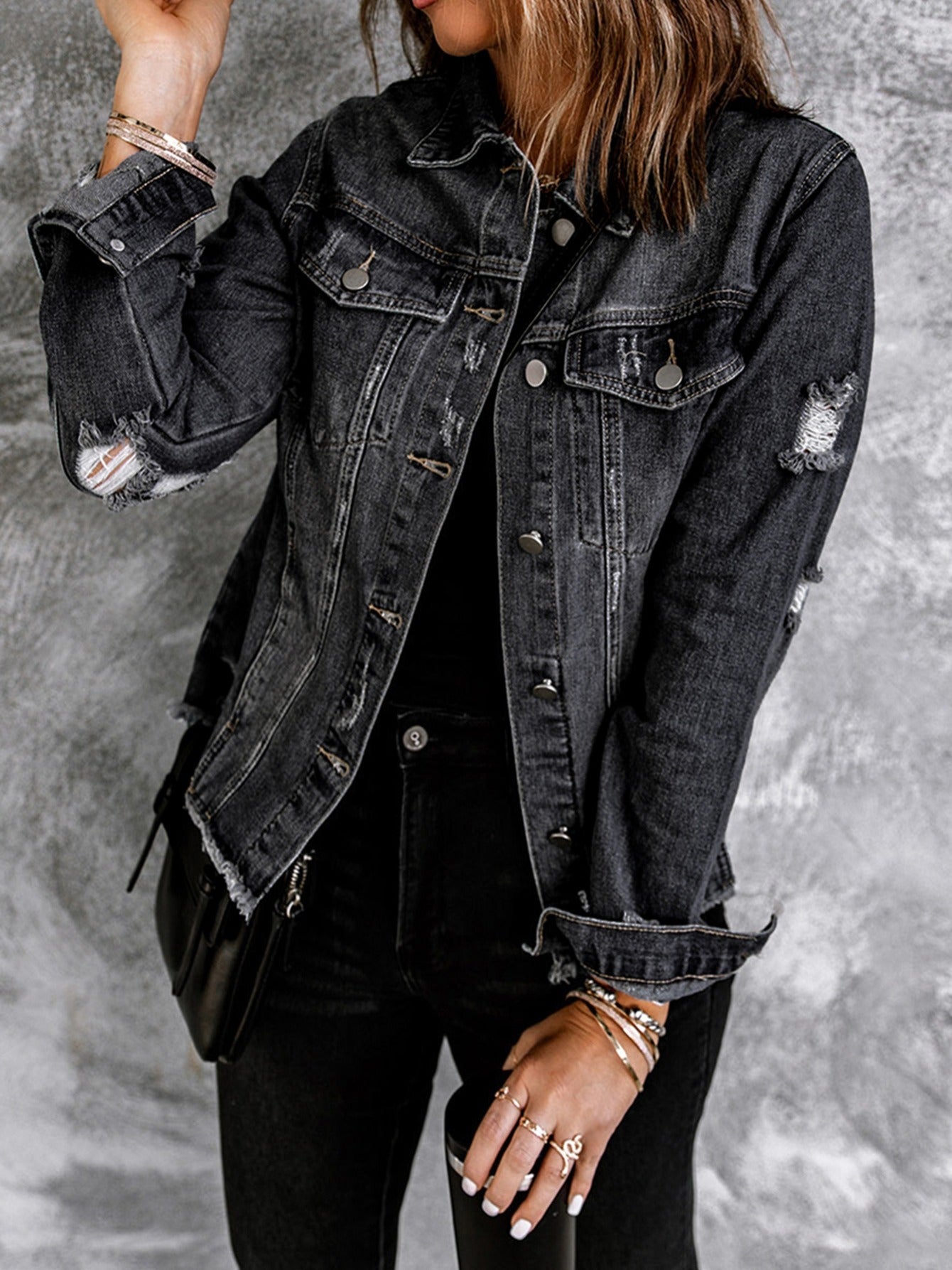 「binfenxie」Black Lapel Distressed Denim Coats, Raw Hem Single-Breasted Buttons Long Sleeve Denim Jackets, Women's Denim Clothing