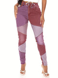 「binfenxie」Patchwork Mid Waist Denim Pants, Colorblock Slash Pockets Stretchy Denim Jeans, Women's Denim Jeans & Clothing
