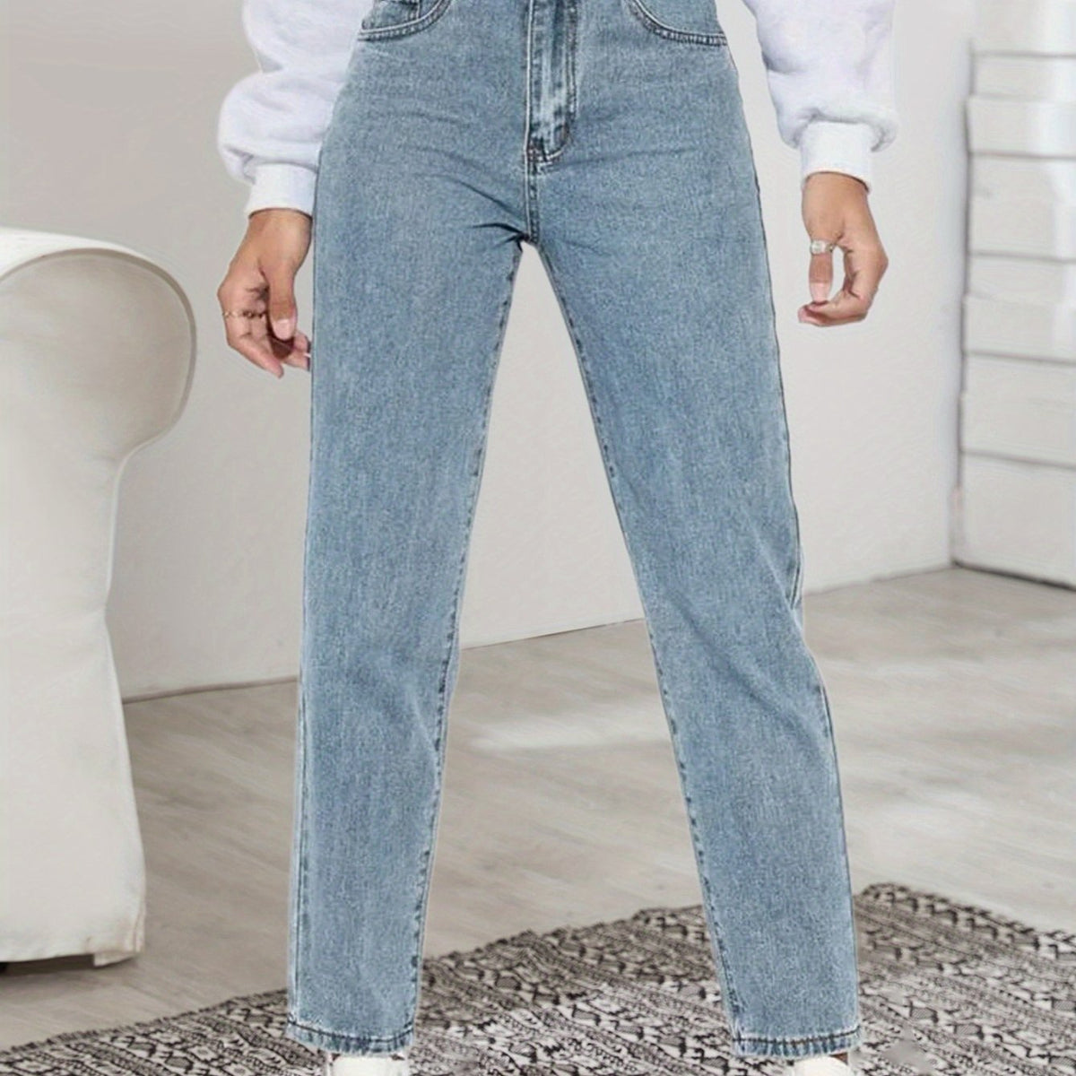 「binfenxie」High Waist Slim Fit Denim Pants, Slash Pocket Plain Light Blue Color Mom Jeans, Women's Denim Jeans & Clothing
