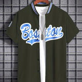 「binfenxie」Men's Baseball Collar Short-sleeved Letter Printed Button Up Trendy Cool Casual Shirt