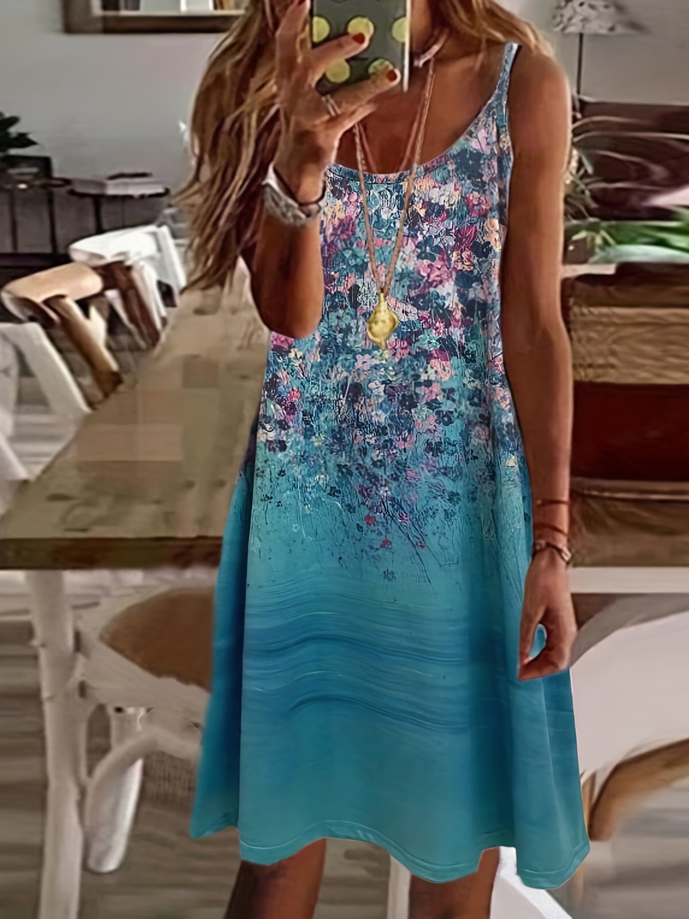 「binfenxie」Floral Print Spaghetti Dress, Vacation Sleeveless Scoop Neck Summer Dress, Women's Clothing