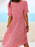 「binfenxie」Ditsy Floral Print Boho Dress, Vacation Scoop Neck Short Sleeve Beach Summer Dress, Women's Clothing