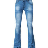 「binfenxie」Solid Color Flare Leg Jeans, Low Waist Bootcut Denim Pants, Classic Stretch Flared Pants, Women's Denim Jeans, Women's Clothing