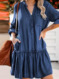「binfenxie」Blue Long Sleeves Denim Dress, Loose Fit Single-Breasted Button Fashion Denim Dress, Women's Denim Clothing