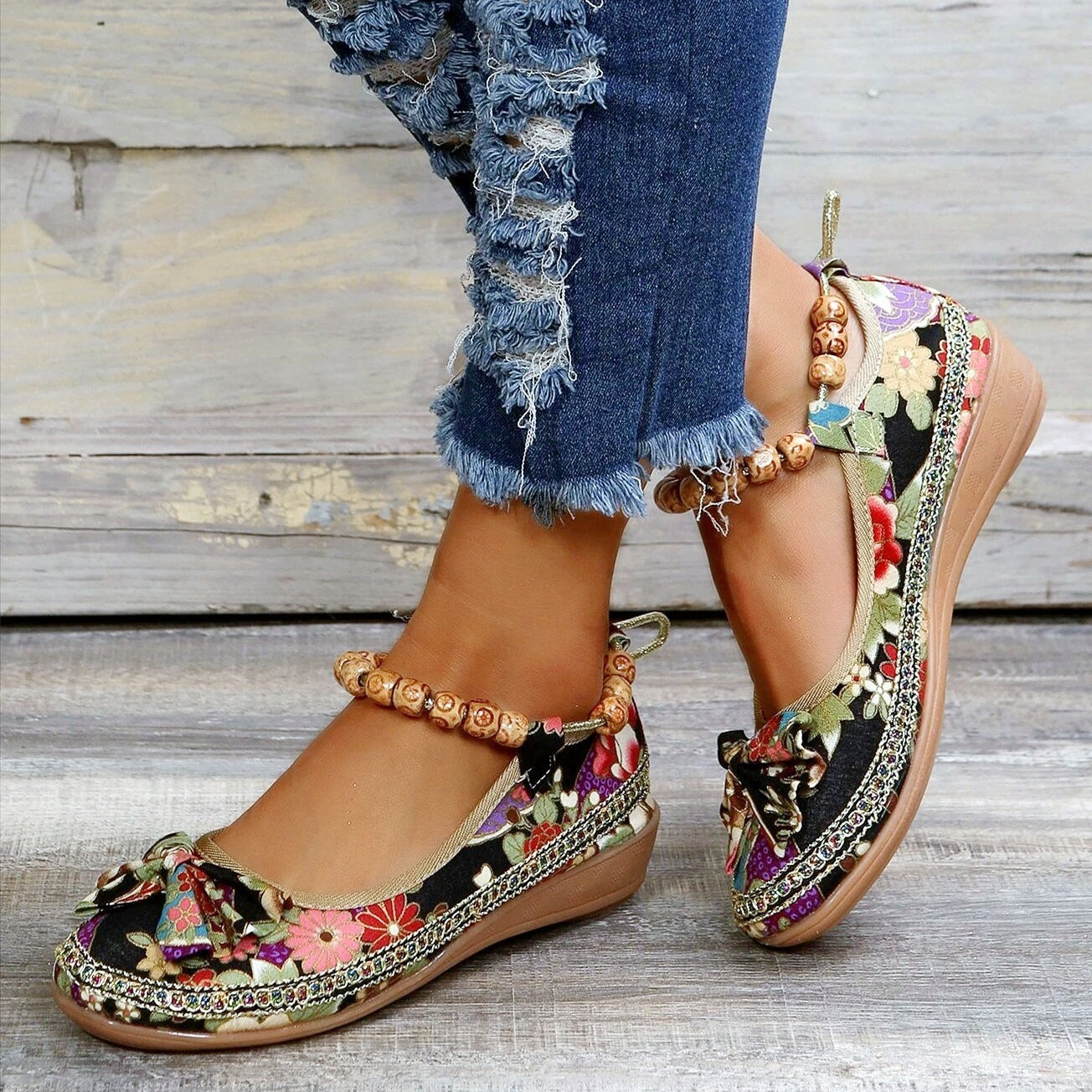 「binfenxie」Women's Stylish Floral Print Slip-Ons - Ethnic Ankle Strap Flat Shoes for Casual Walks