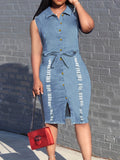 「binfenxie」Women's Casual Sleeveless Denim Dress with Raw Hem and Waistband Button Closure
