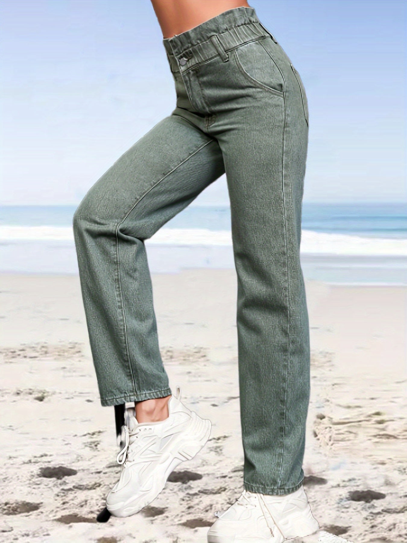 「binfenxie」Green Paperbag Waist Straight Jeans, High Waist Slim Fit High Rise Denim Pants, Women's Denim Jeans & Clothing