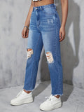 「binfenxie」Ripped Raw Hem Denim Pants, Slash Pockets Casual Straight Leg Jeans, Women's Denim Jeans & Clothing