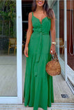 Binfenxie Button V-Neck Maxi Dress With Belt(3 Colors)