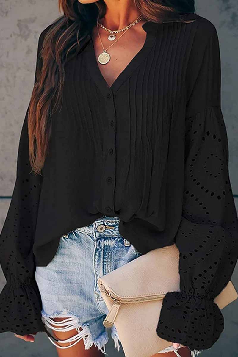 binfenxie V-Neck Single Breasted Loose Flared Long Sleeves Tops (3 Color）