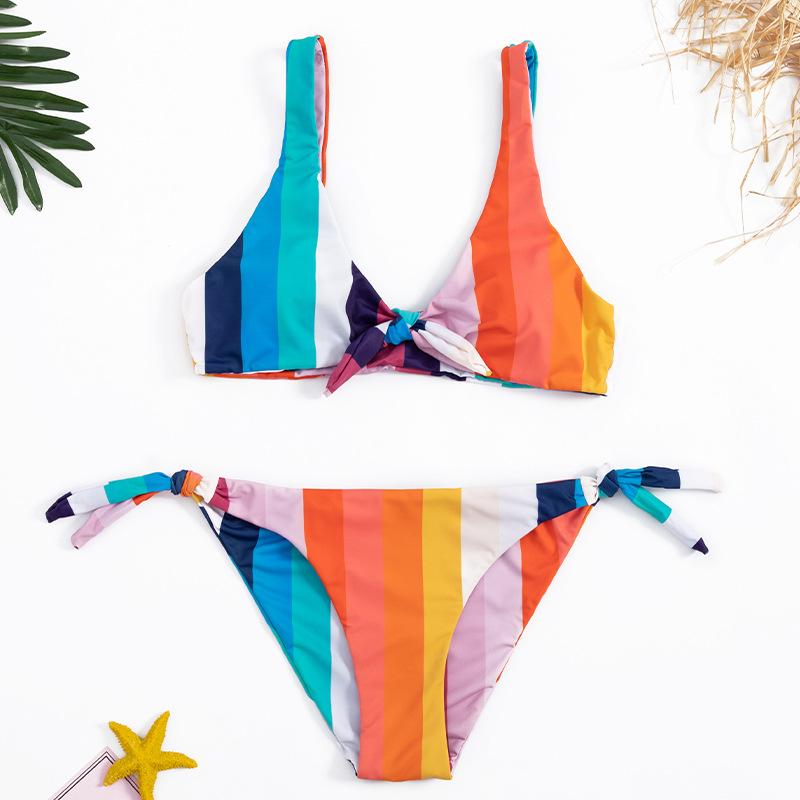 binfenxie Two-Piece Rainbow Striped Knotted Swimsuit