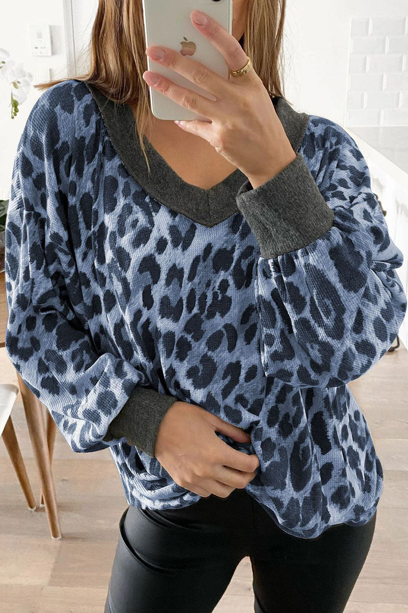 Fashion Street Leopard Patchwork V Neck Sweaters(4 colors)