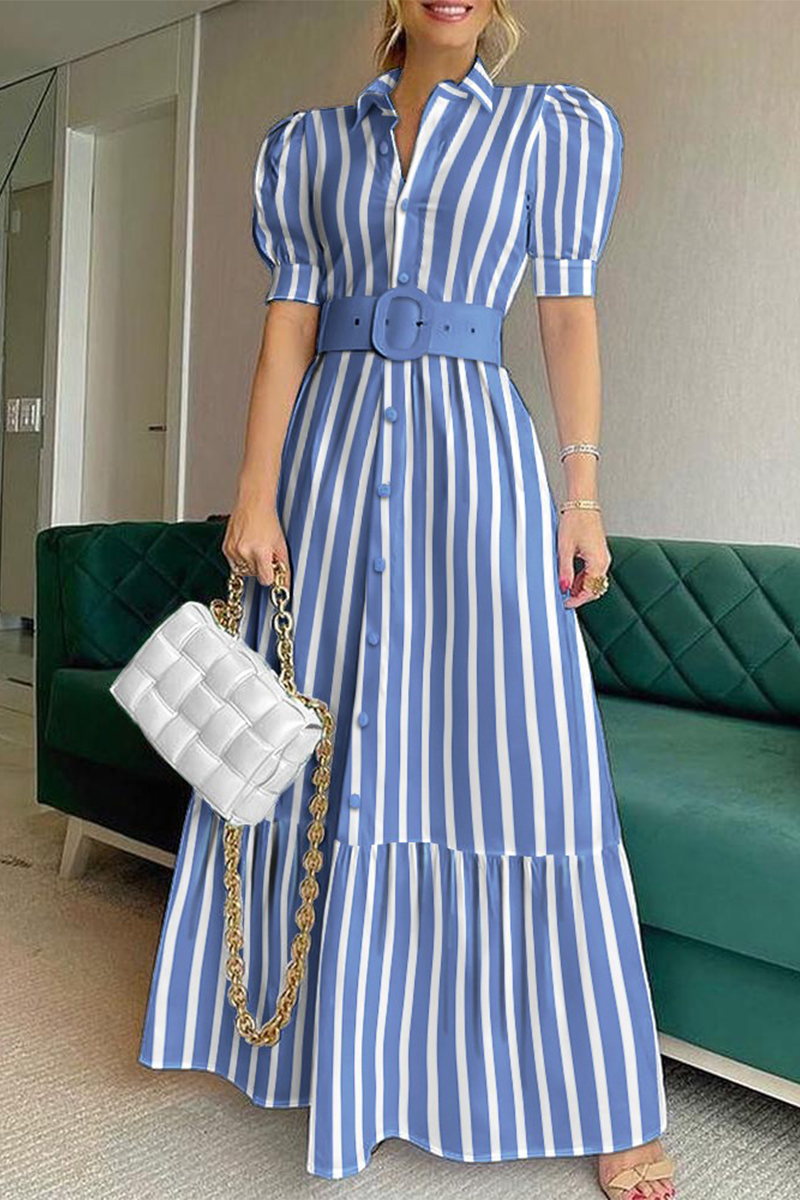 Fashion Elegant Striped Solid Buckle With Belt Shirt Collar A Line Dresses