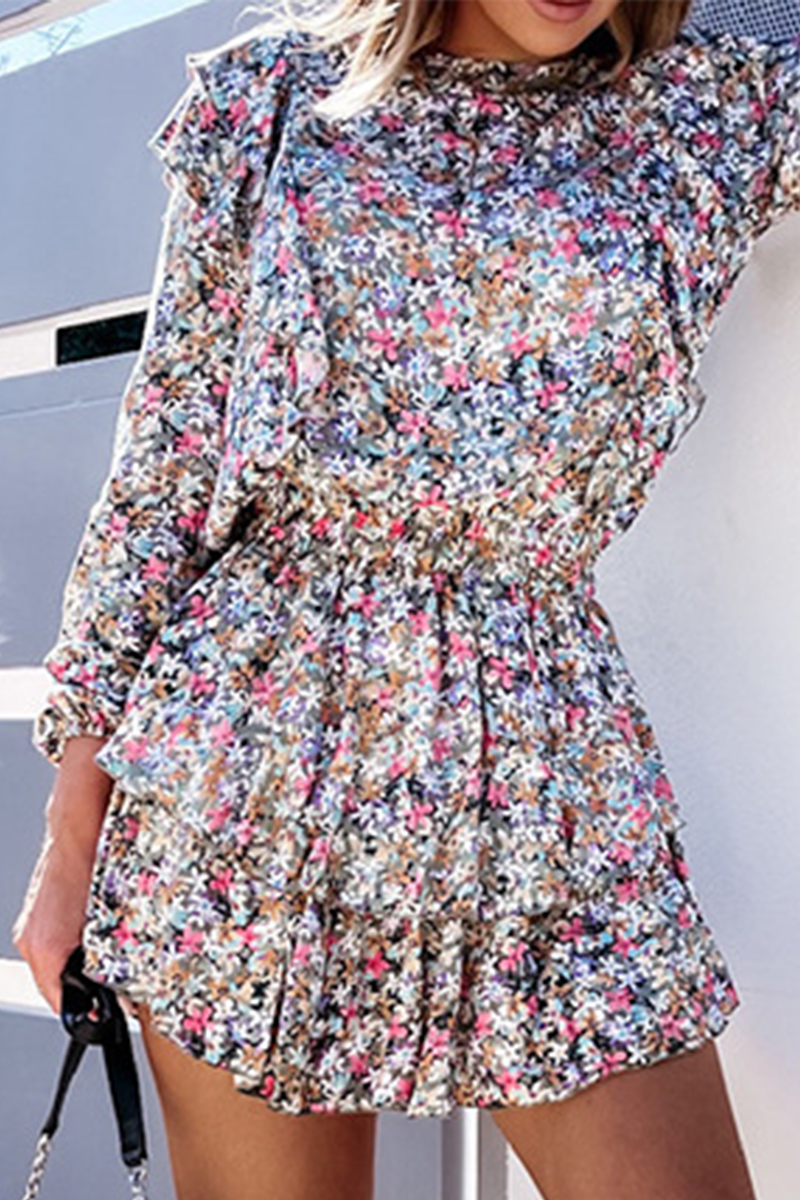 Fashion Elegant Print Split Joint Flounce O Neck Waist Skirt Dresses