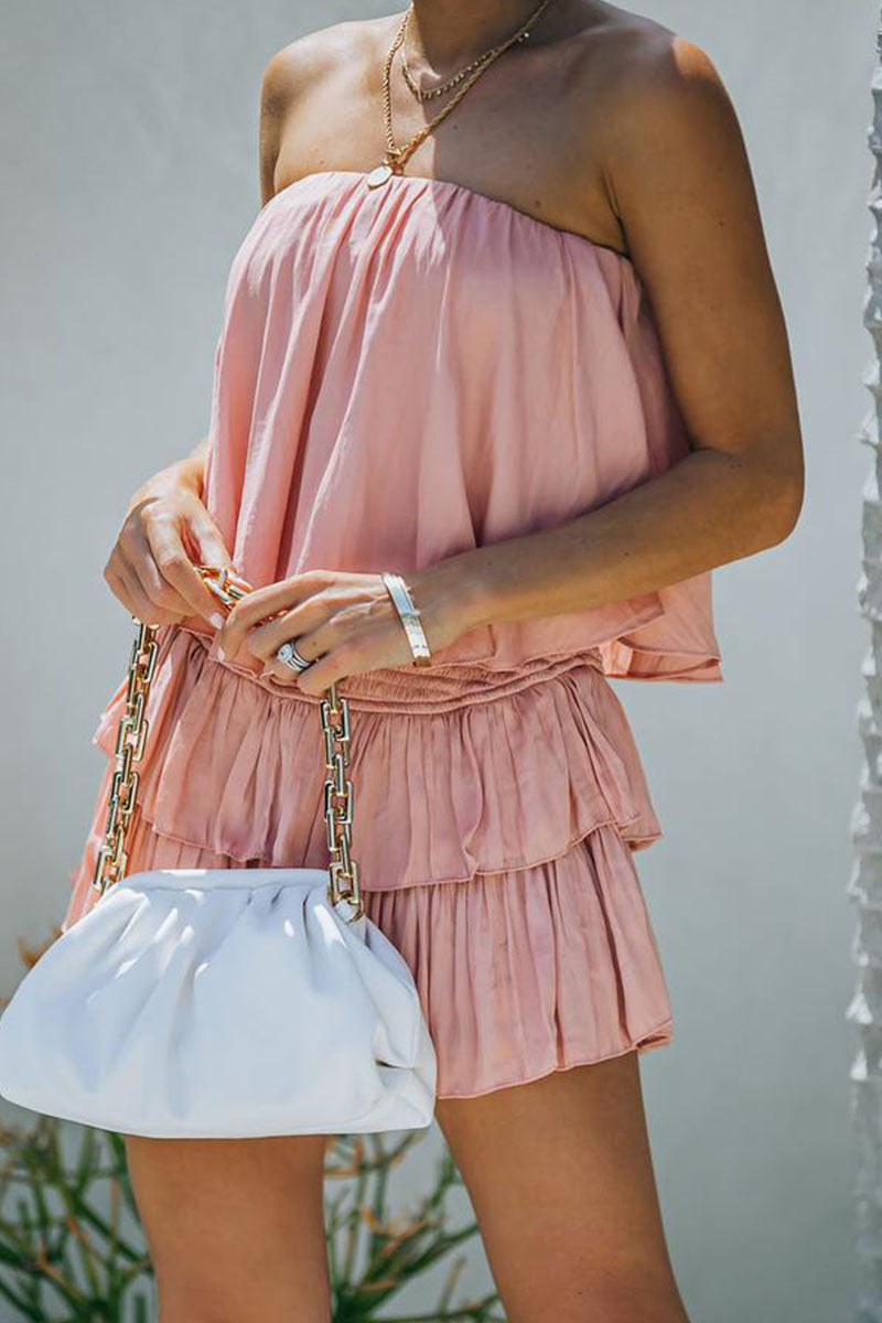 Fashion Street Solid Patchwork Strapless Waist Skirt Dresses