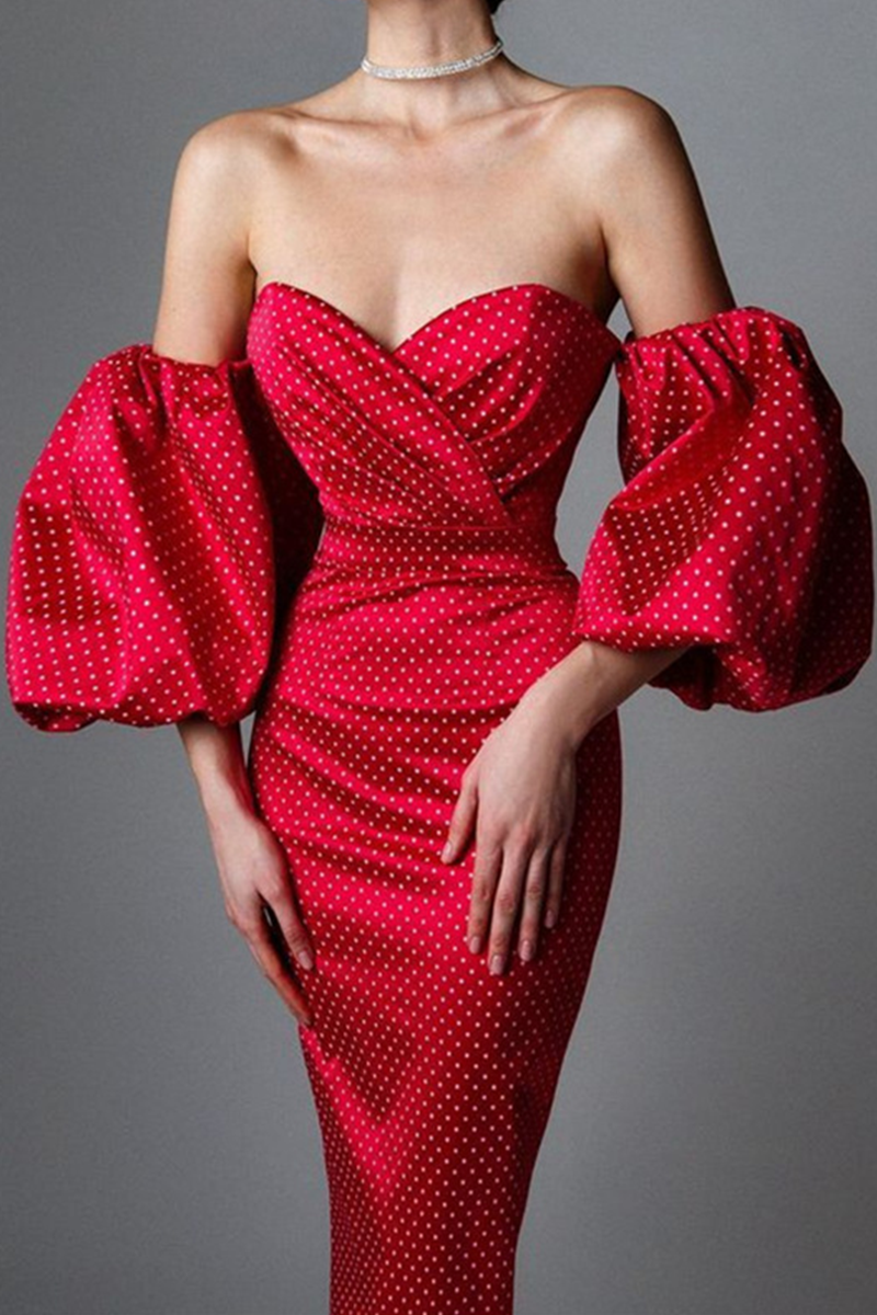 Fashion Elegant Polka Dot Slit Fold Strapless Pencil Skirt Dresses