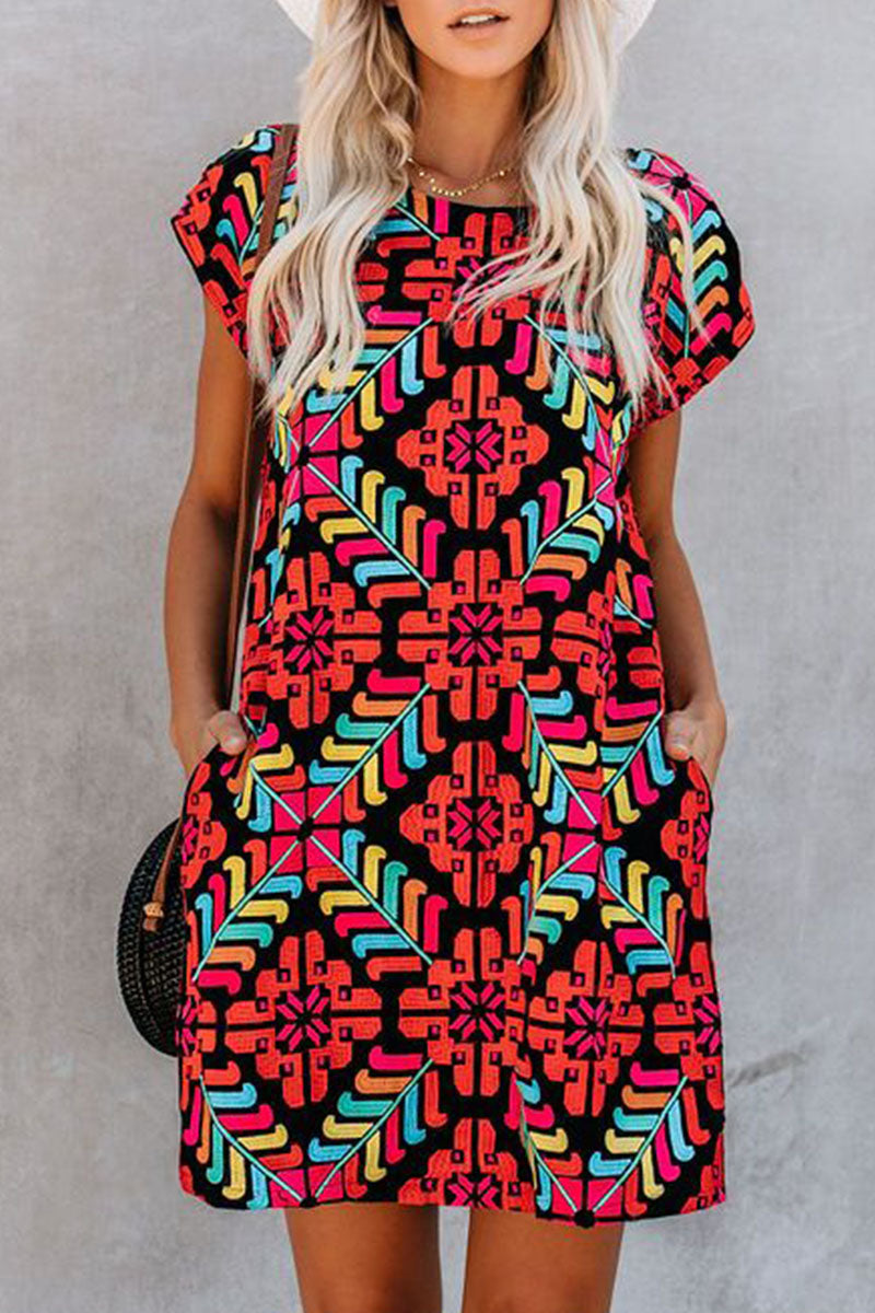 Fashion Street Print Split Joint O Neck A Line Dresses