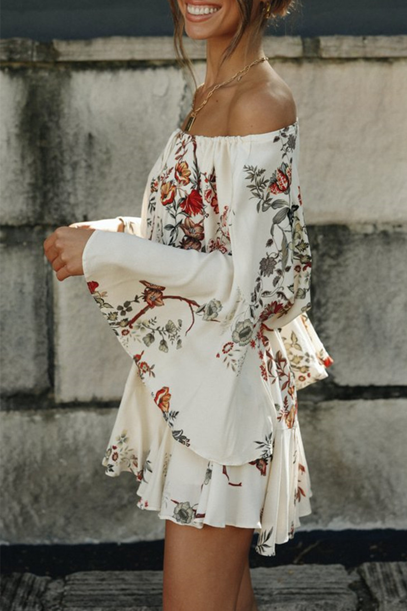 Fashion Casual Floral Split Joint Frenulum Off the Shoulder A Line Dresses