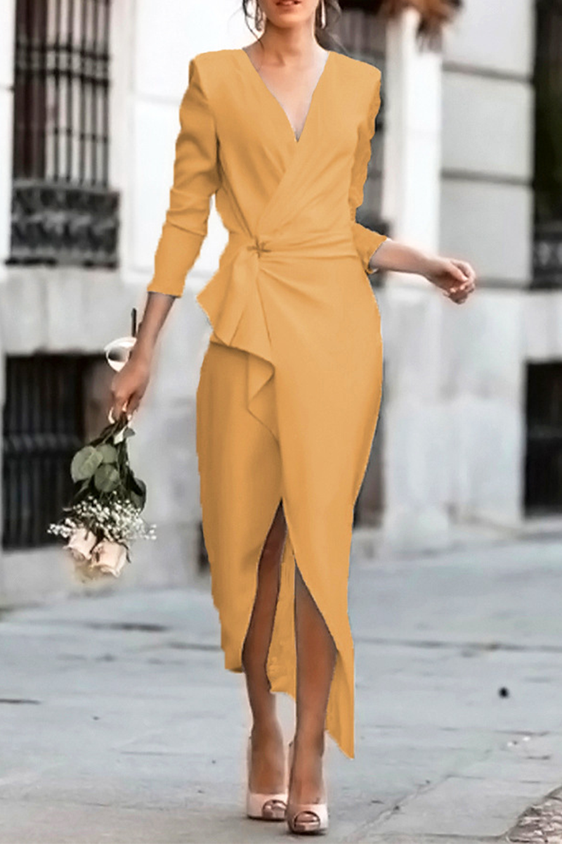 Fashion Elegant Solid Patchwork Asymmetrical V Neck Pencil Skirt Dresses(5 Colors)