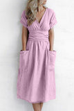 Fashion Street Solid Pocket V Neck A Line Dresses(4 colors)