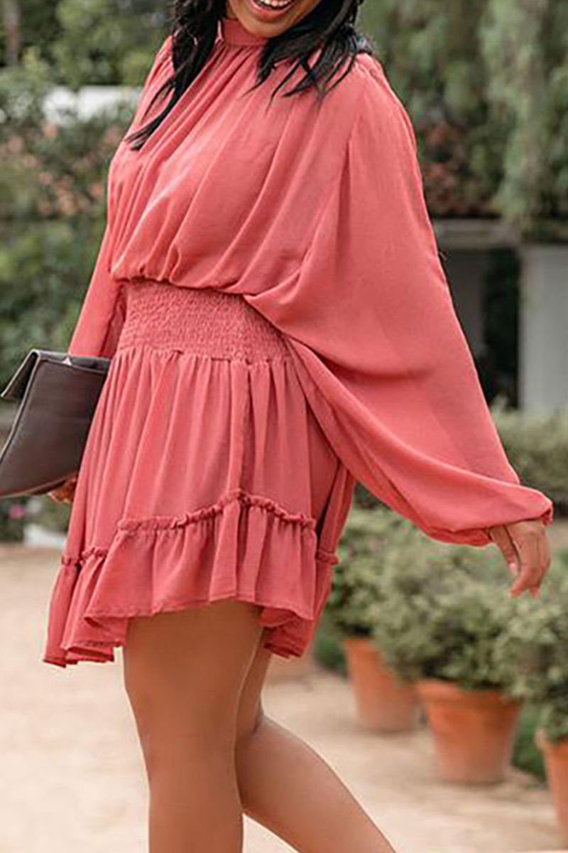 Fashion Casual Solid Flounce Fold Half A Turtleneck Waist Skirt Dresses（4 colors）