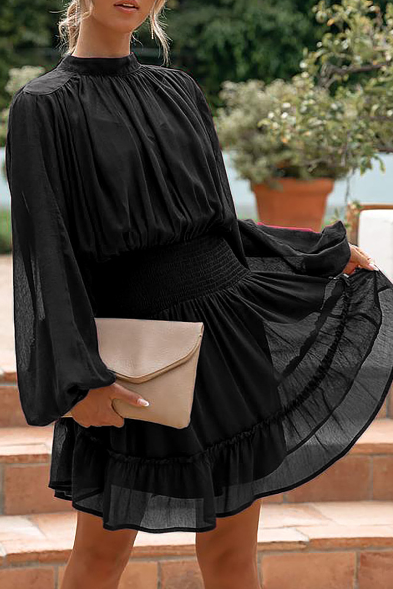 Fashion Casual Solid Flounce Fold Half A Turtleneck Waist Skirt Dresses（4 colors）