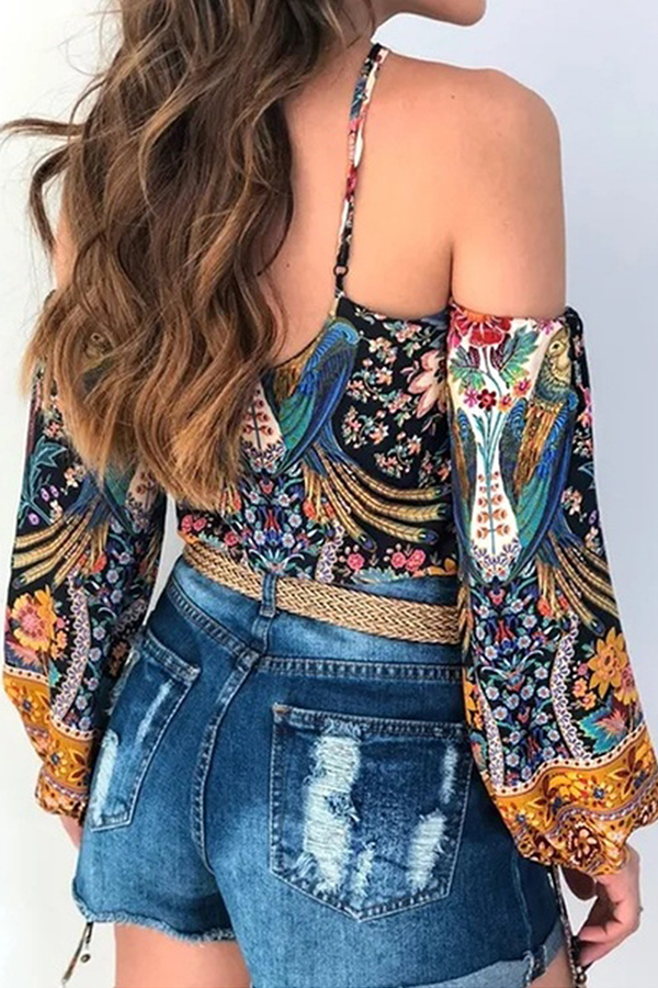 Fashion Casual Print Split Joint Backless Halter Tops