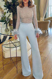 Fashion Sexy Solid Patchwork Feathers Beading O Neck Straight Jumpsuits(3 Colors)