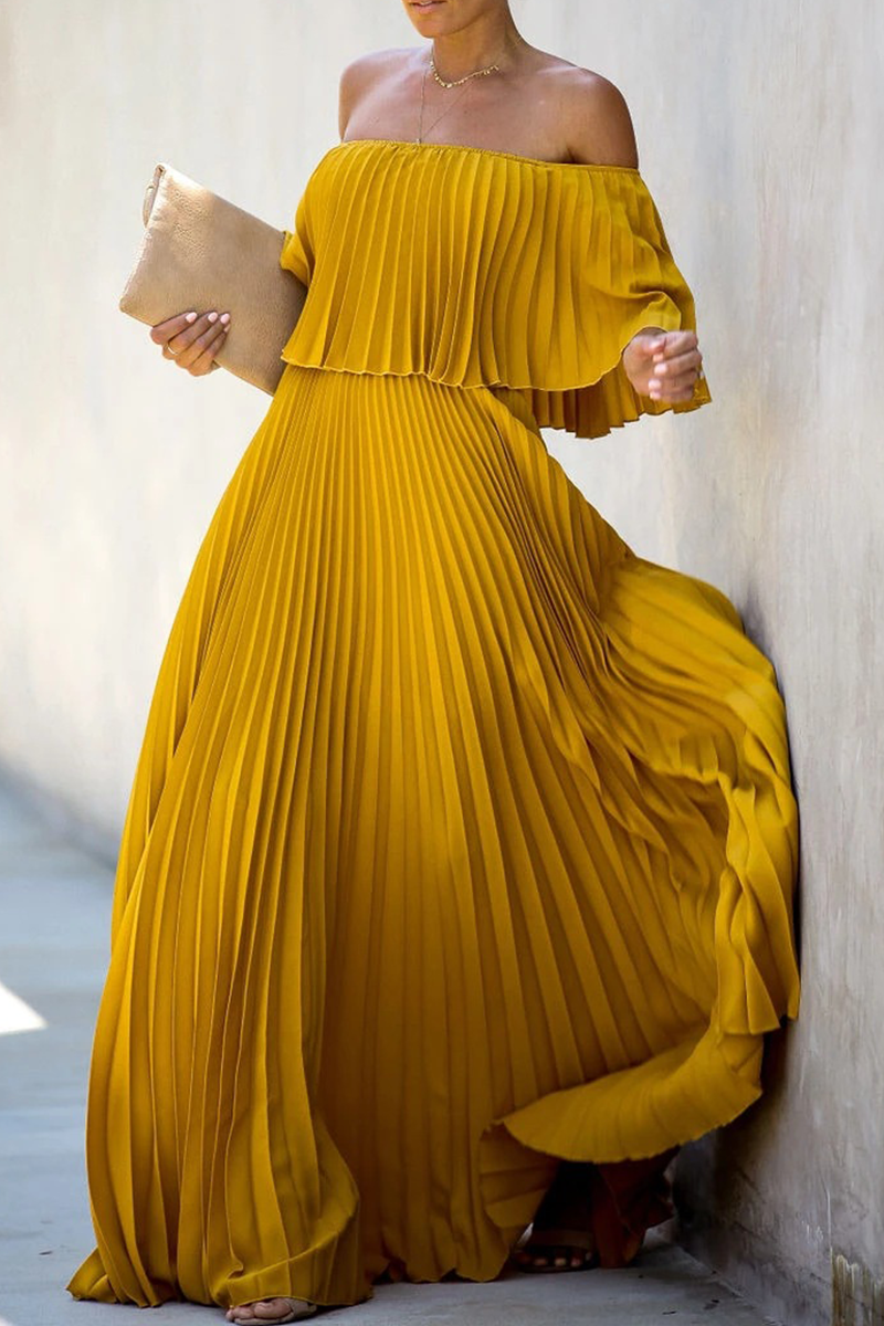 Fashion Solid Split Joint Off the Shoulder Cake Skirt Dresses(5 colors)