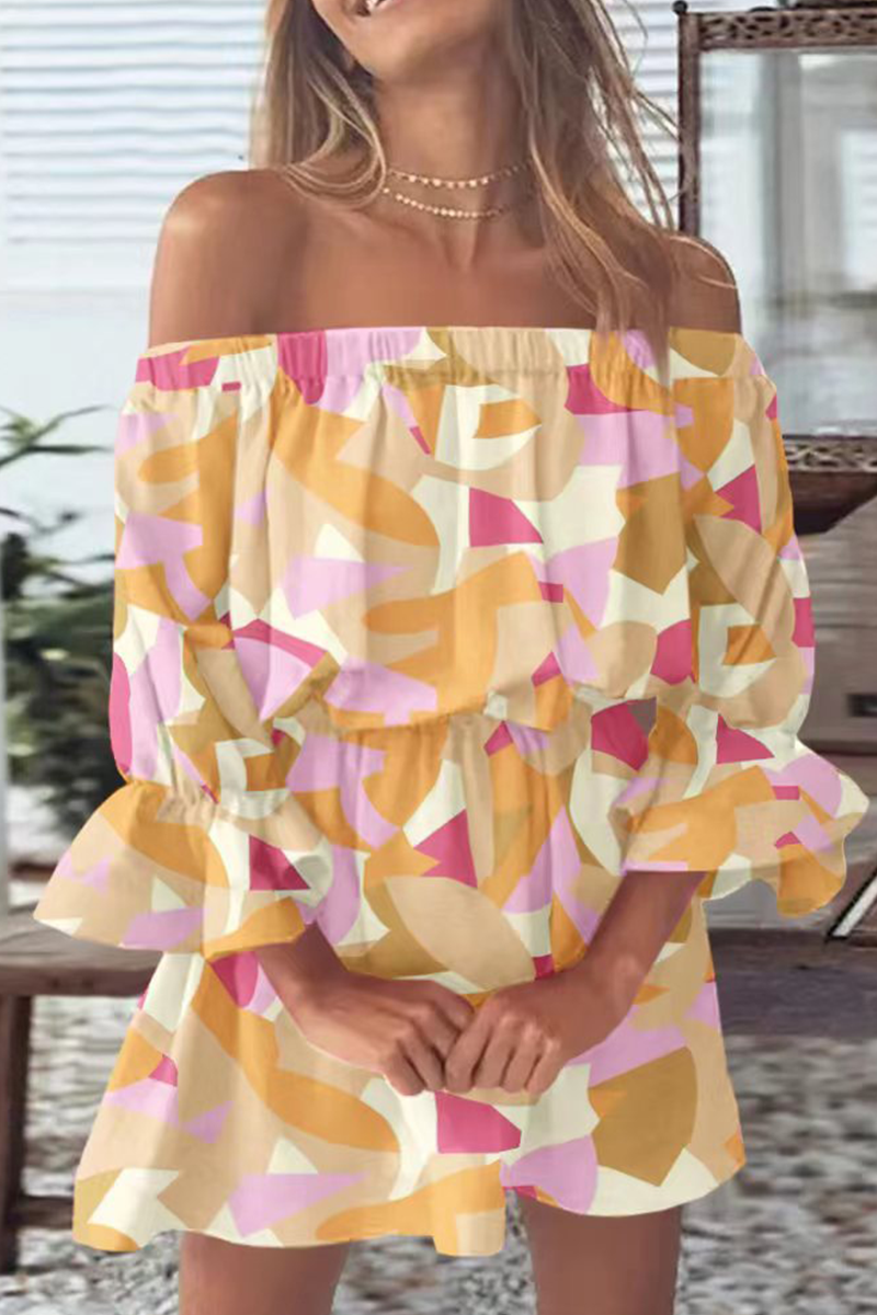 Fashion Print Split Joint Off the Shoulder Cake Skirt Dresses(3 colors)