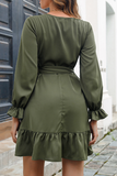 Fashion Solid Patchwork V Neck Cake Skirt Dresses(3 colors)