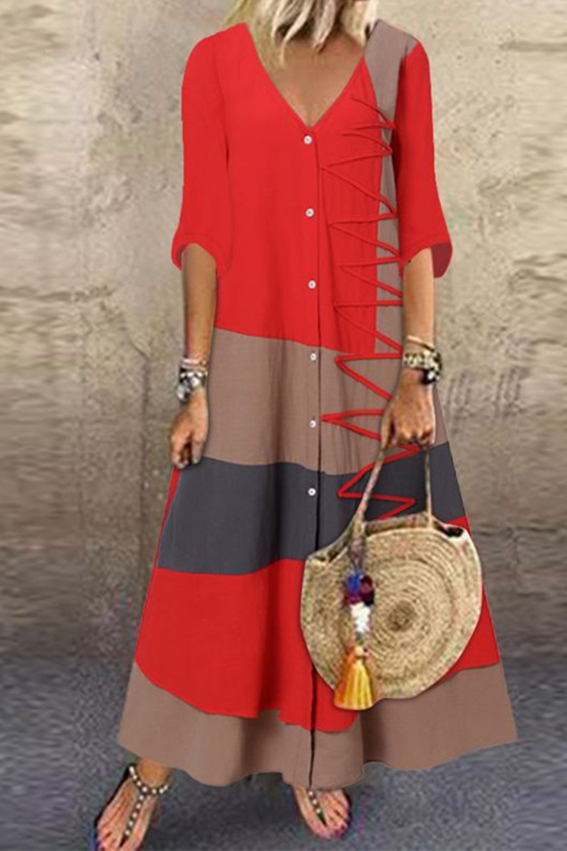 Fashion Patchwork Buttons V Neck Straight Dresses(4 colors)