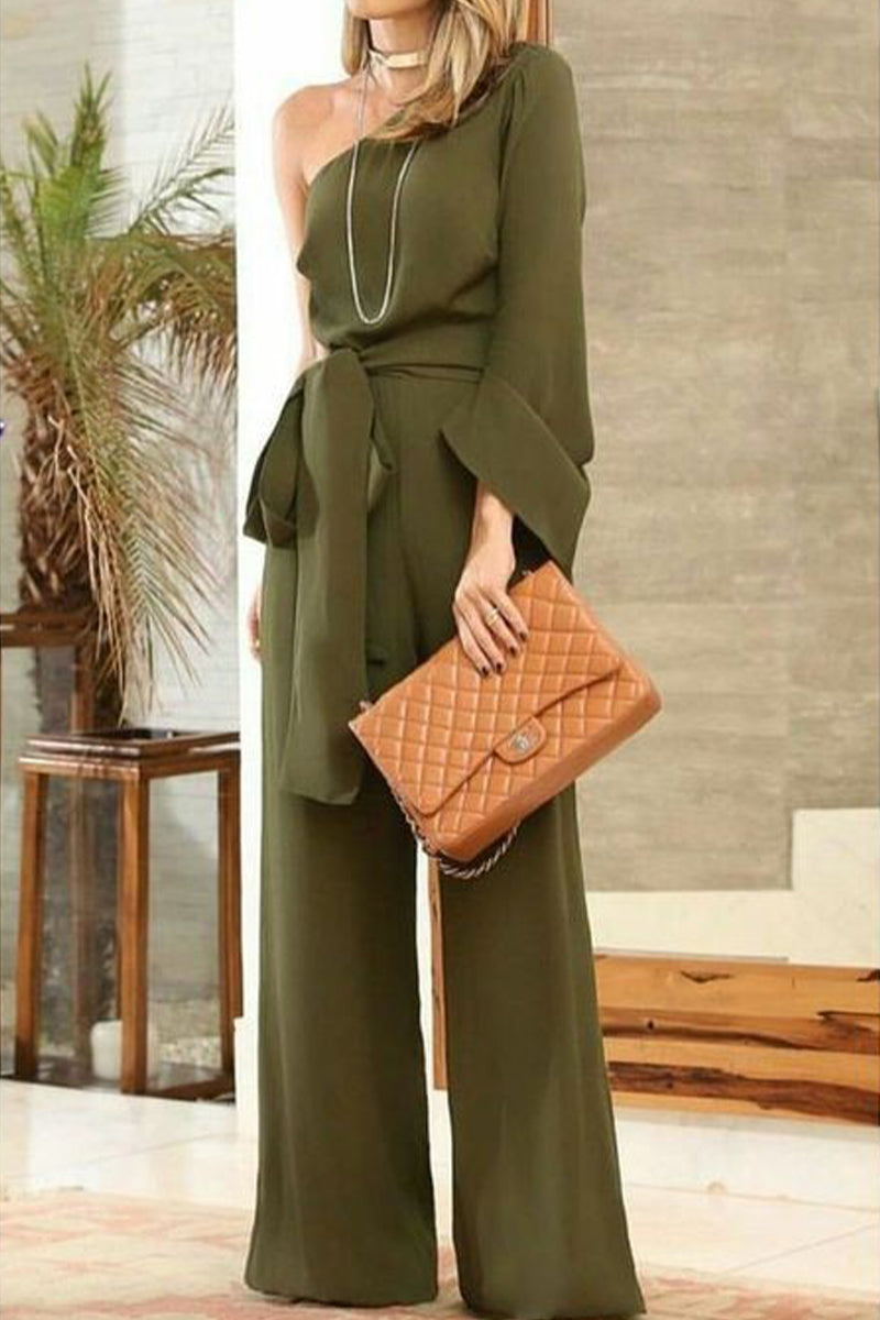 Fashion Solid Zipper One Shoulder Straight Jumpsuits