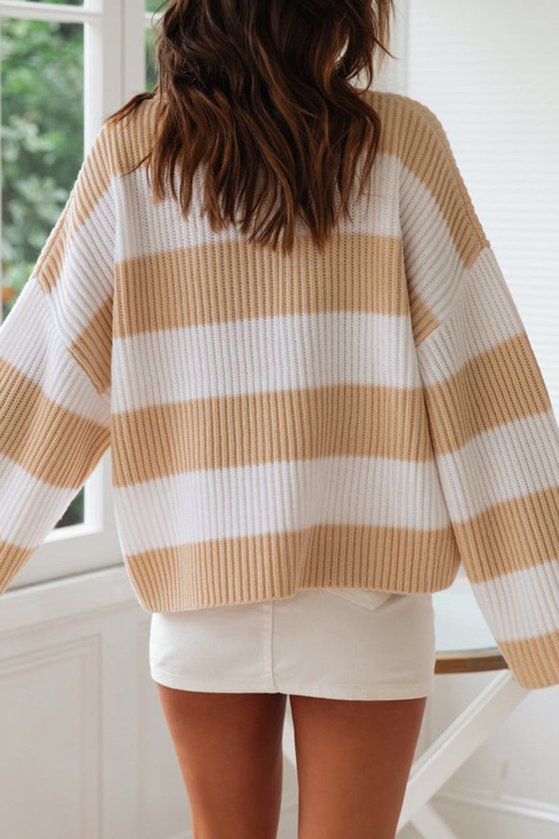 Fashion Sweet Striped Contrast O Neck Sweaters(5 Colors)