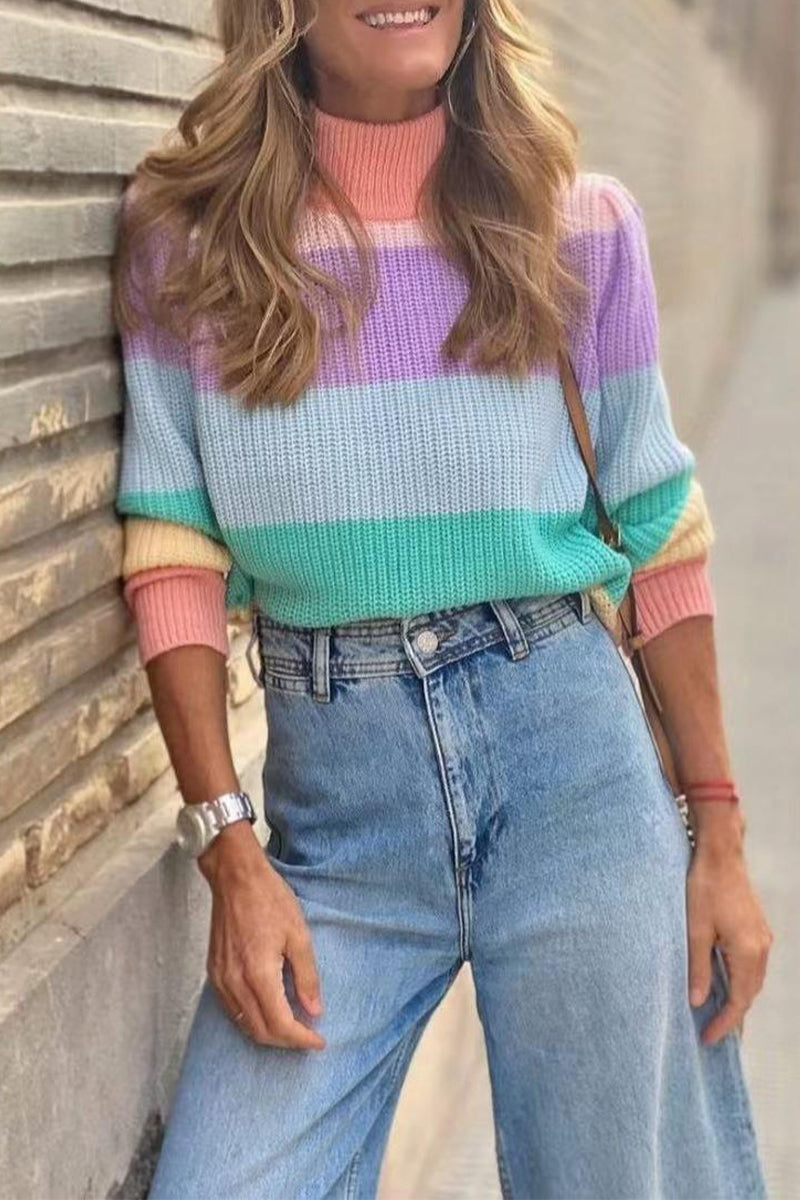 Work Elegant Striped Contrast Turtleneck Sweaters(3 Colors)