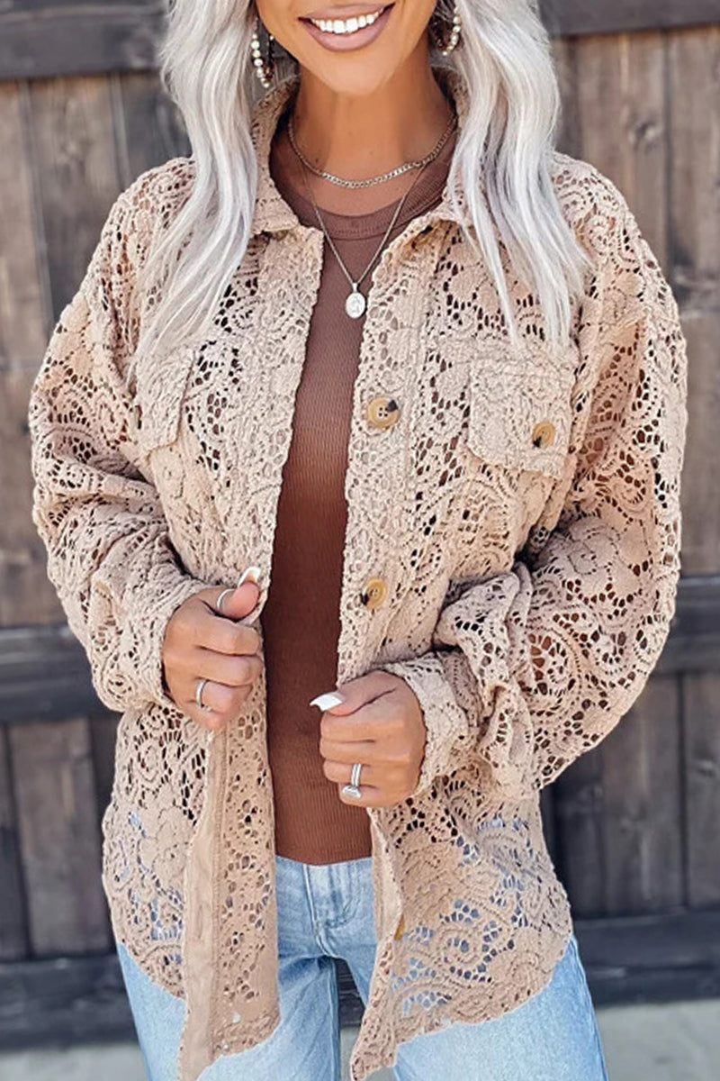 Sweet Street Solid Lace Turndown Collar Blouses