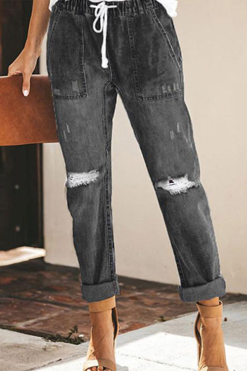 Street Solid Ripped Frenulum Straight Denim Jeans