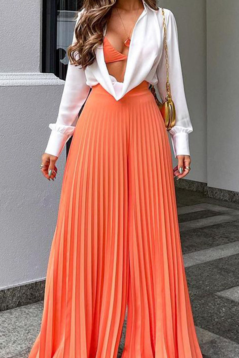 Street Solid Fold Loose High Waist Wide Leg Solid Color Bottoms