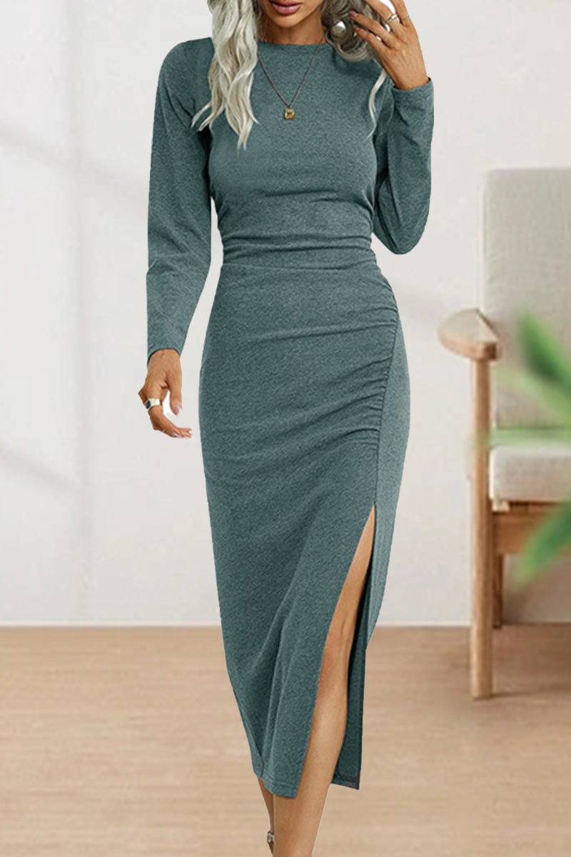 Sweet Elegant Solid Fold O Neck Sheath Dresses(6 Colors)